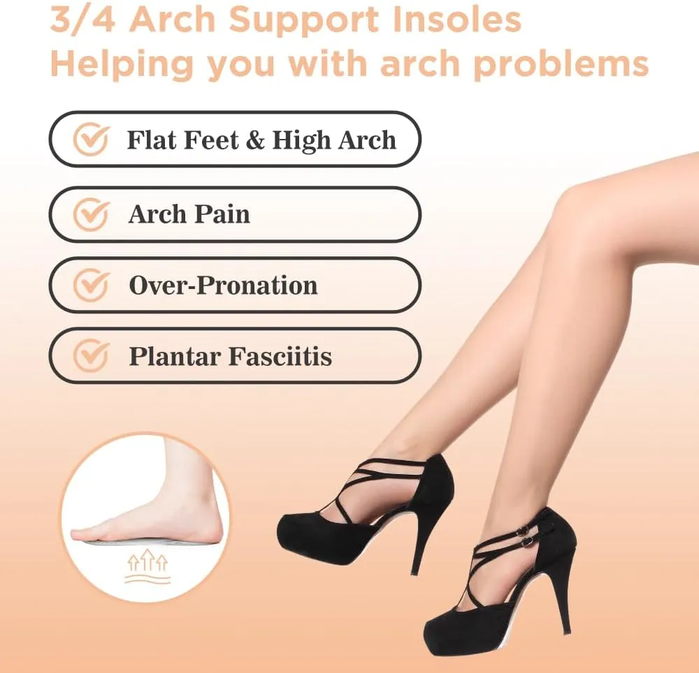 3/4 High Heel Cushion Insoles, Self-Adhesive Arch Support Inserts for Flat Feet and Arch Pain Relief, Gel Shoe Inserts for Sandal, Flats and High Heels (2 Pairs, Beige Black, Women's 5-9)