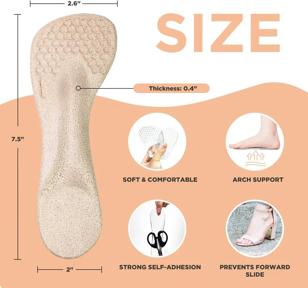3/4 High Heel Cushion Insoles, Self-Adhesive Arch Support Inserts for Flat Feet and Arch Pain Relief, Gel Shoe Inserts for Sandal, Flats and High Heels (2 Pairs, Beige Black, Women's 5-9)