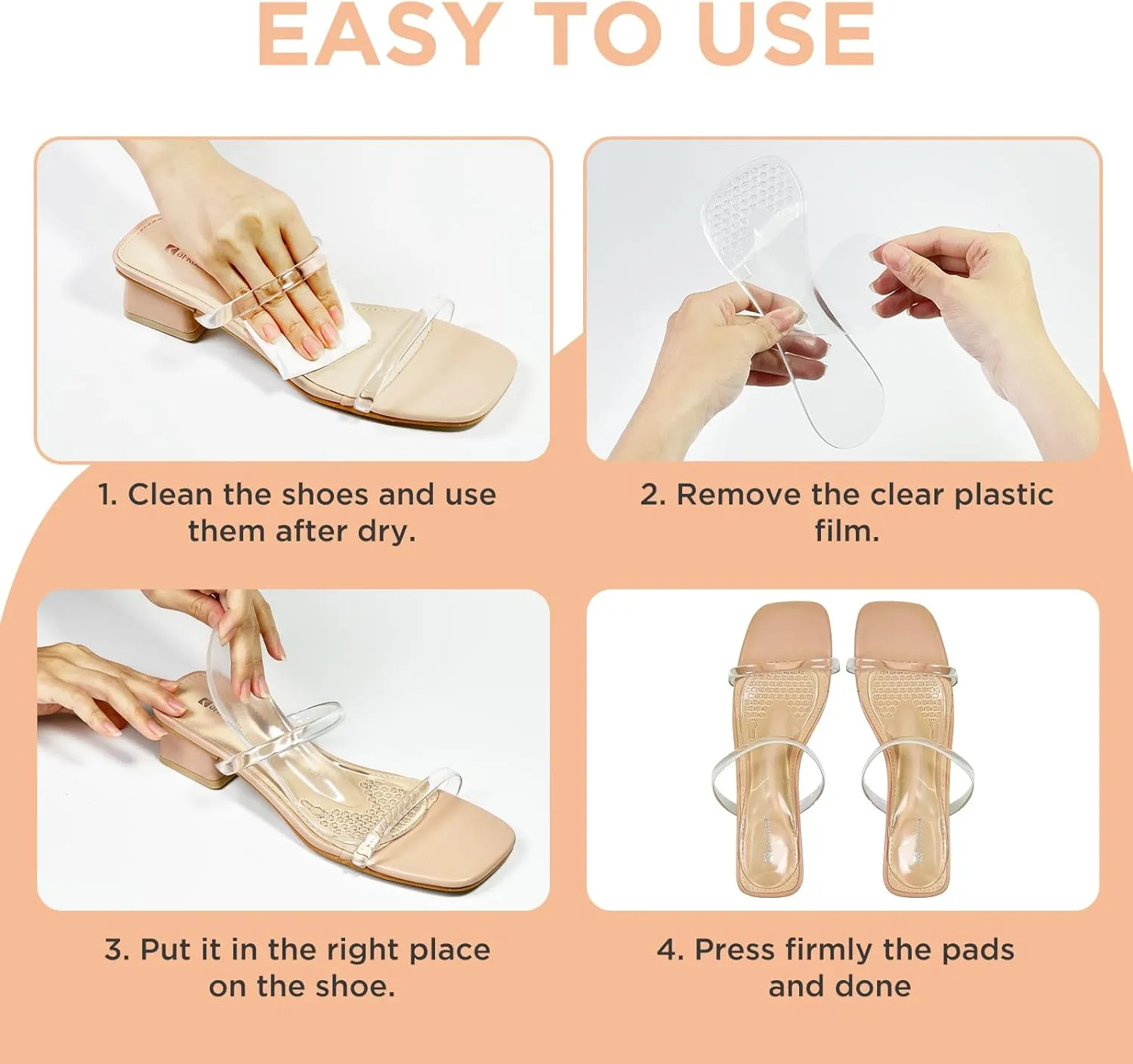 3/4 High Heel Cushion Insoles, Self-Adhesive Arch Support Inserts for Flat Feet and Arch Pain Relief, Gel Shoe Inserts for Sandal, Flats and High Heels (2 Pairs, Beige Black, Women's 5-9)