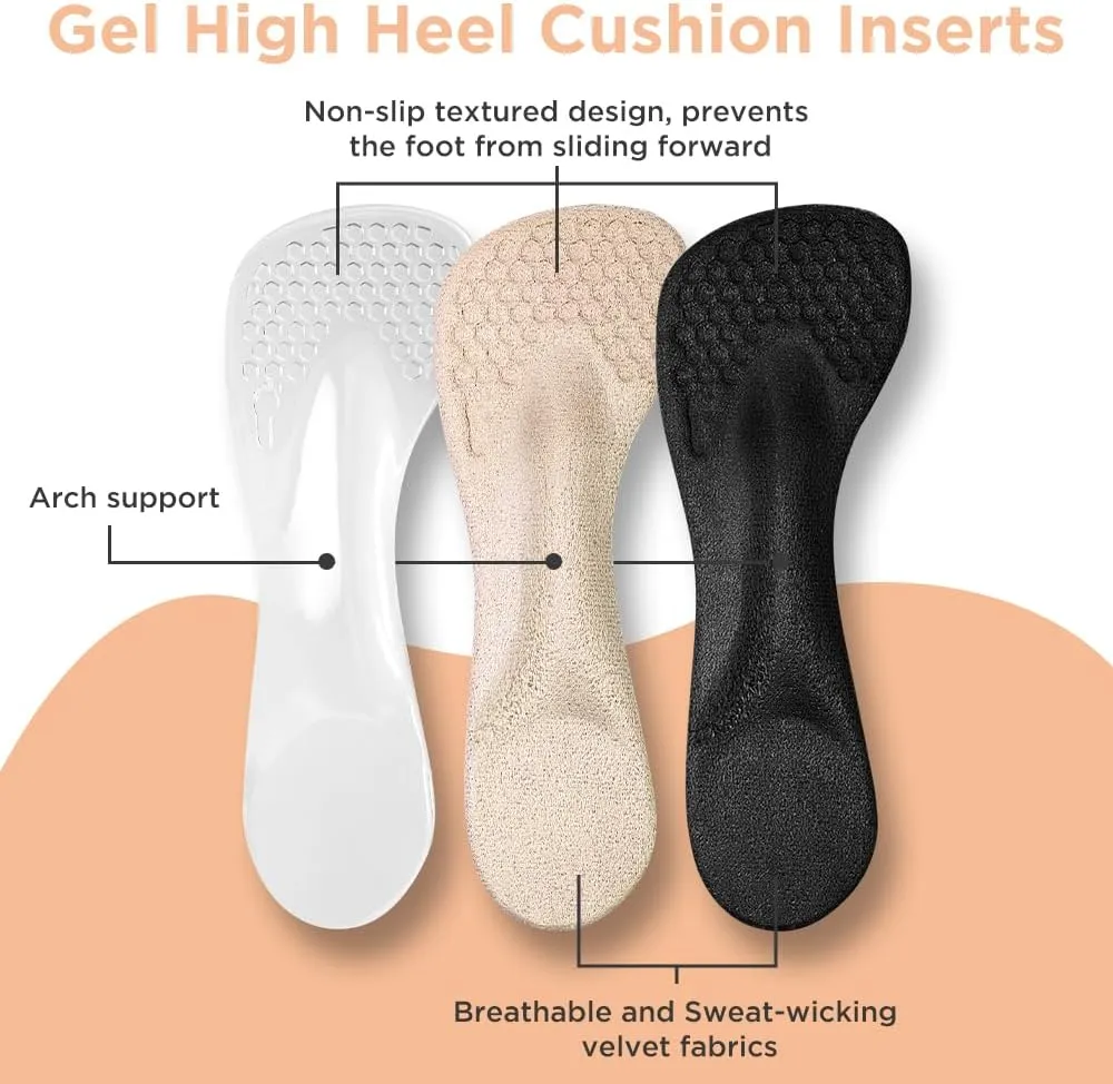 3/4 High Heel Cushion Insoles, Self-Adhesive Arch Support Inserts for Flat Feet and Arch Pain Relief, Gel Shoe Inserts for Sandal, Flats and High Heels (2 Pairs, Beige Black, Women's 5-9)