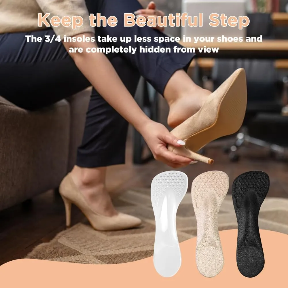 3/4 High Heel Cushion Insoles, Self-Adhesive Arch Support Inserts for Flat Feet and Arch Pain Relief, Gel Shoe Inserts for Sandal, Flats and High Heels (2 Pairs, Beige Black, Women's 5-9)