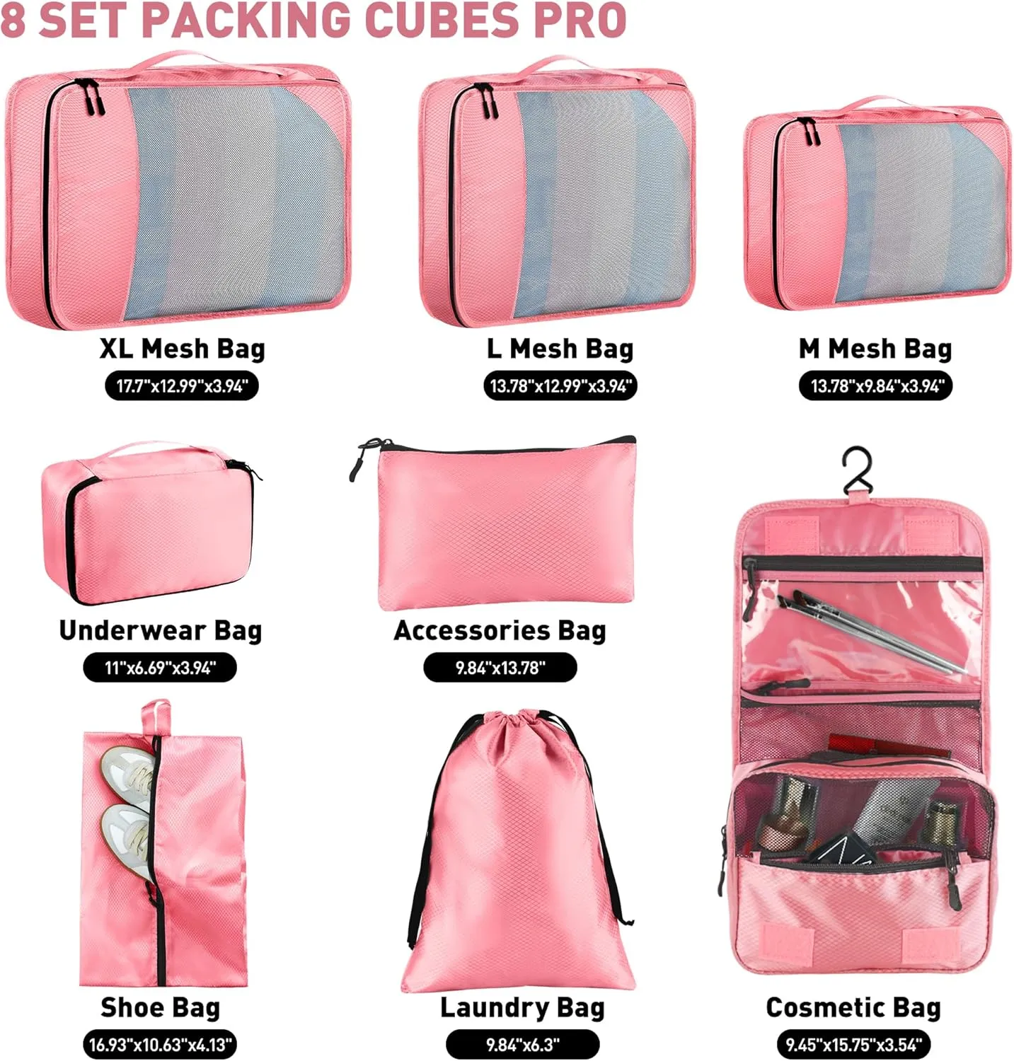 8 Set Packing Cubes for Travel Women Men Kids, Mesh Suitcase Organizer Bags Set for Luggage, 4 Sizes Extra Large, Large, Medium, Small, Travel Camping Essentials Accessories, Pink