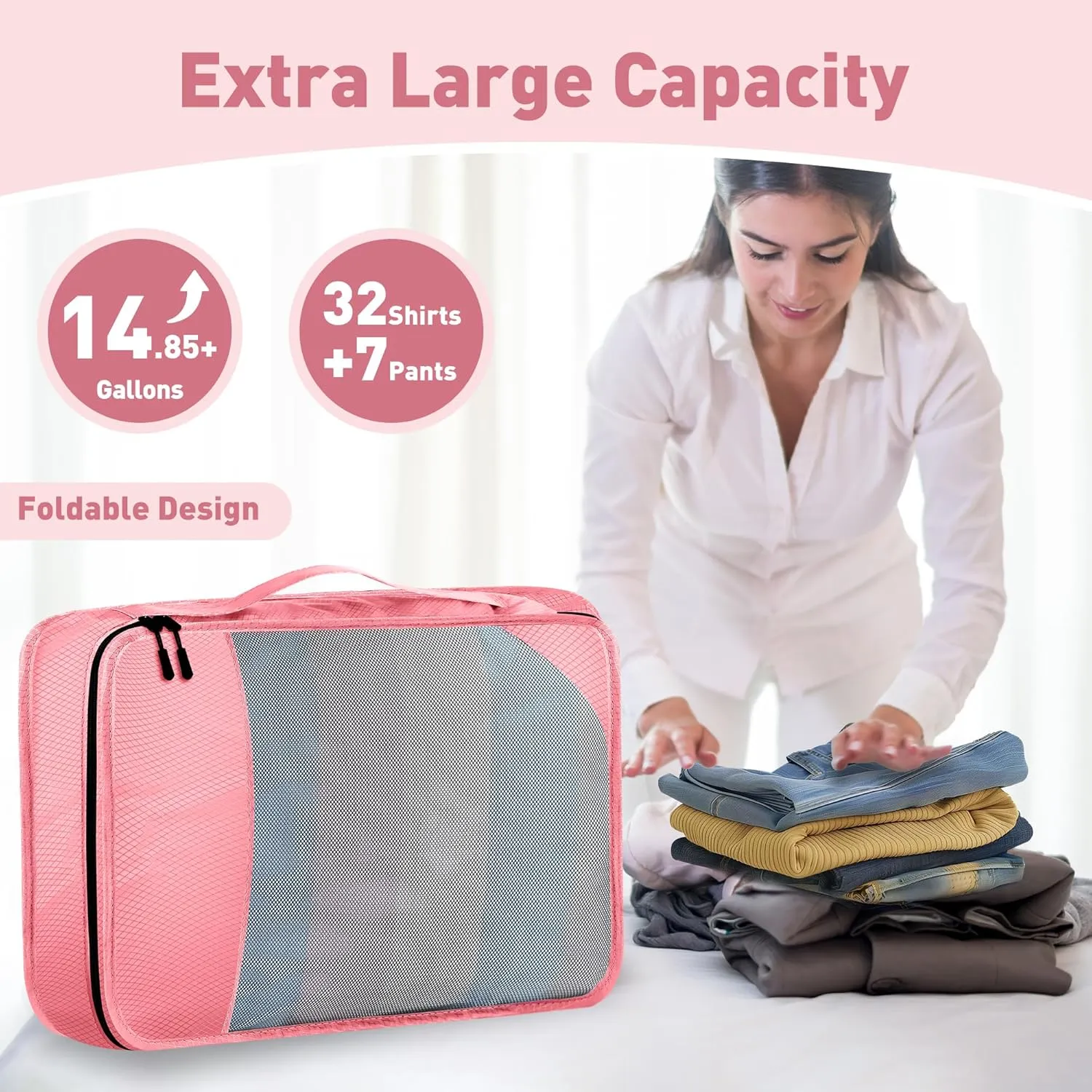 8 Set Packing Cubes for Travel Women Men Kids, Mesh Suitcase Organizer Bags Set for Luggage, 4 Sizes Extra Large, Large, Medium, Small, Travel Camping Essentials Accessories, Pink