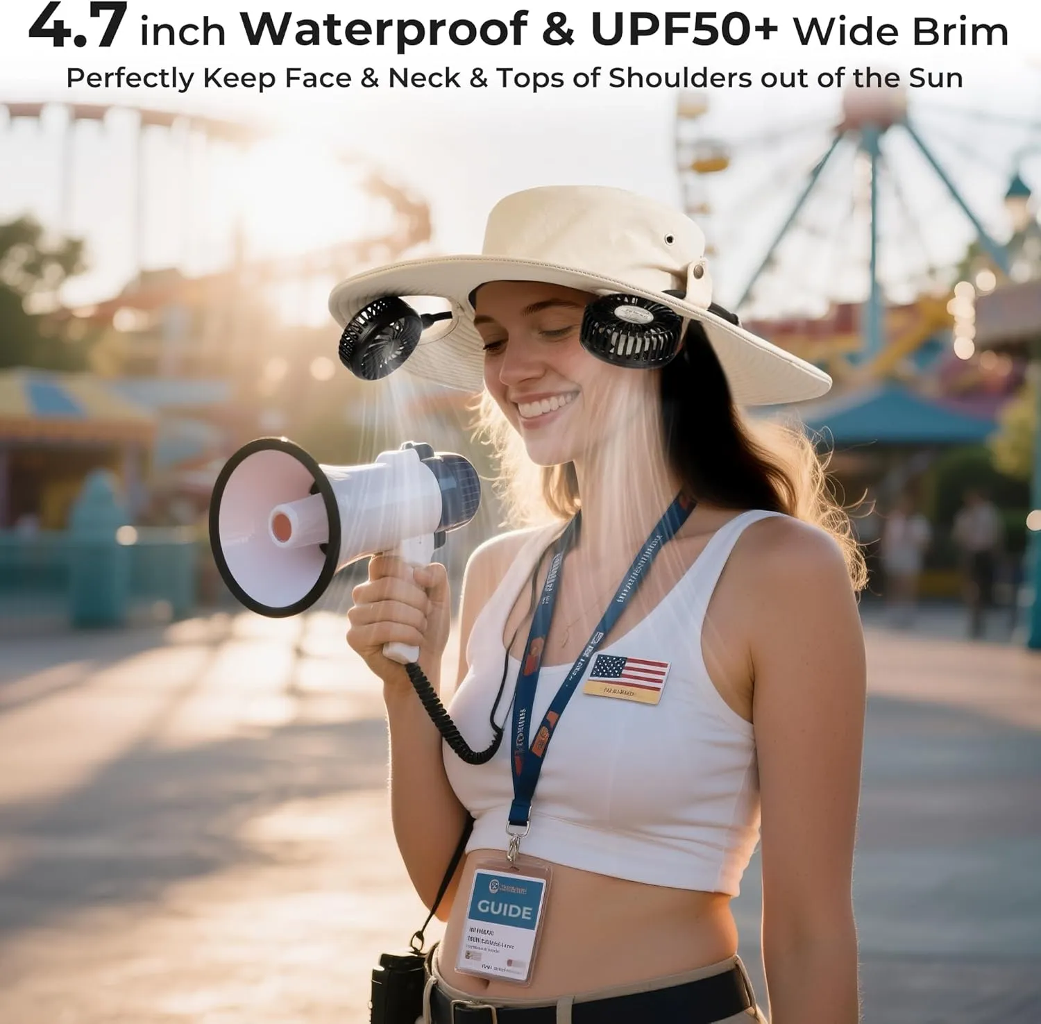AMACOOL 2-in-1 Hands-Free Hat Fan with Detachable Neck Fan, UPF 50  Wide Brim Sun Hat, 3-Speed Adjustable, 2600mAh Rechargeable Fishing Essentials for Men Women Camping Travel Delivery Outdoor-Beige