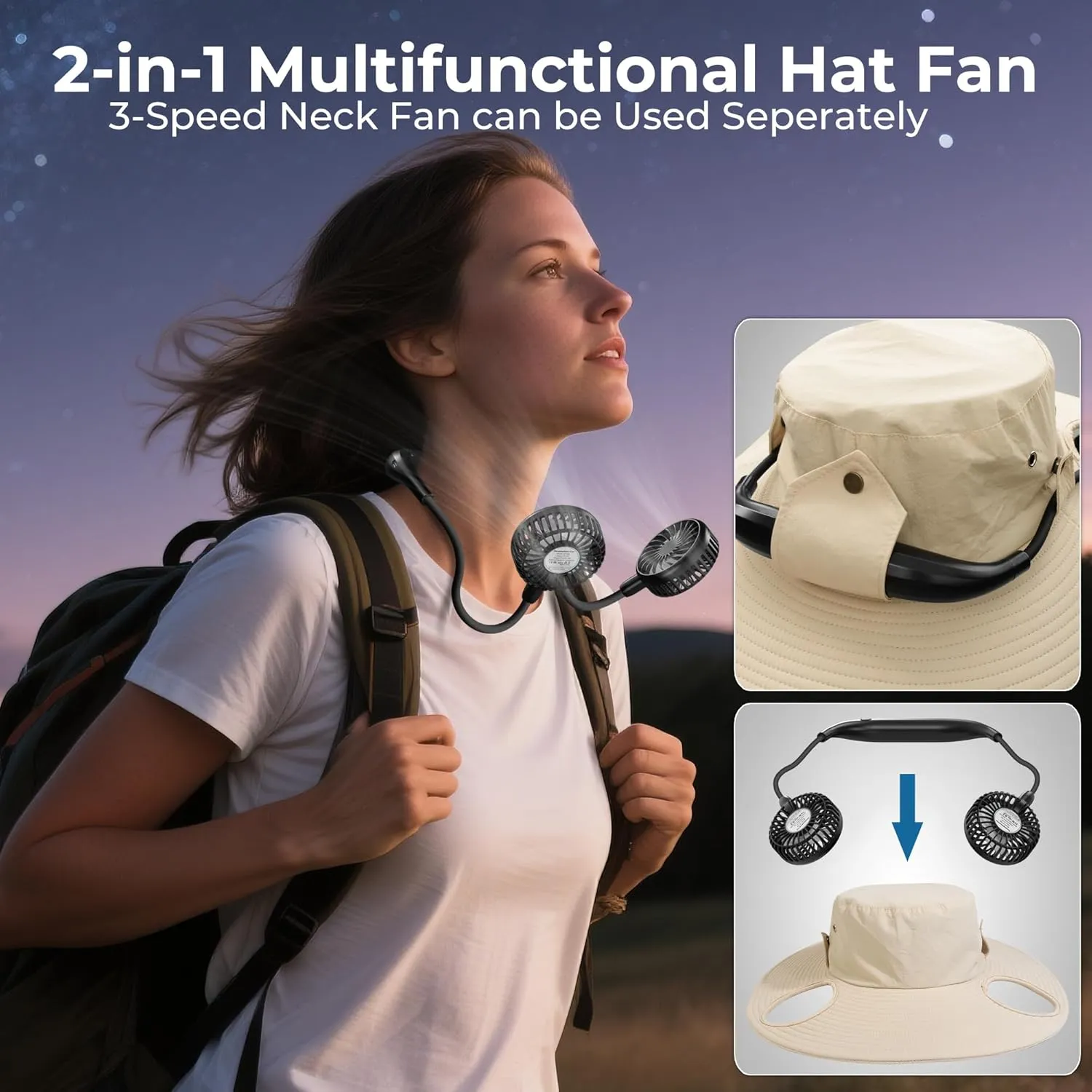 AMACOOL 2-in-1 Hands-Free Hat Fan with Detachable Neck Fan, UPF 50  Wide Brim Sun Hat, 3-Speed Adjustable, 2600mAh Rechargeable Fishing Essentials for Men Women Camping Travel Delivery Outdoor-Beige