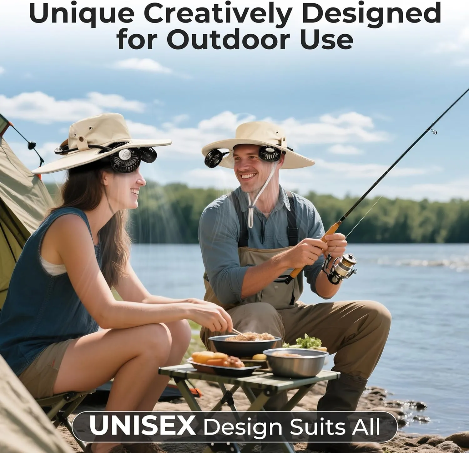 AMACOOL 2-in-1 Hands-Free Hat Fan with Detachable Neck Fan, UPF 50  Wide Brim Sun Hat, 3-Speed Adjustable, 2600mAh Rechargeable Fishing Essentials for Men Women Camping Travel Delivery Outdoor-Beige
