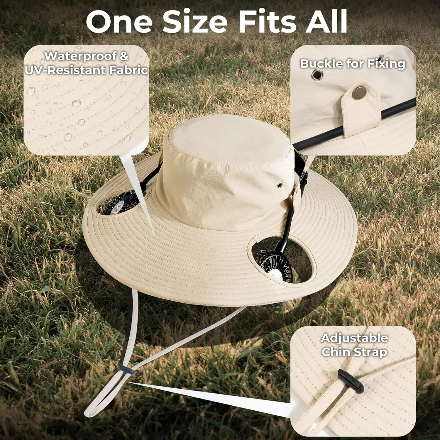 AMACOOL 2-in-1 Hands-Free Hat Fan with Detachable Neck Fan, UPF 50  Wide Brim Sun Hat, 3-Speed Adjustable, 2600mAh Rechargeable Fishing Essentials for Men Women Camping Travel Delivery Outdoor-Beige