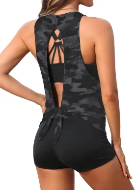 Aqua Eve 3 Piece Tankini Swimsuit for Women Tank Bathing Suit with Shorts Open Back Athletic Swimwear