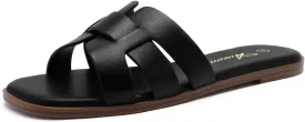 Athlefit Women's Flat Sandals Dressy Summer Square Open Toe Slip On Leather Slide Sandals