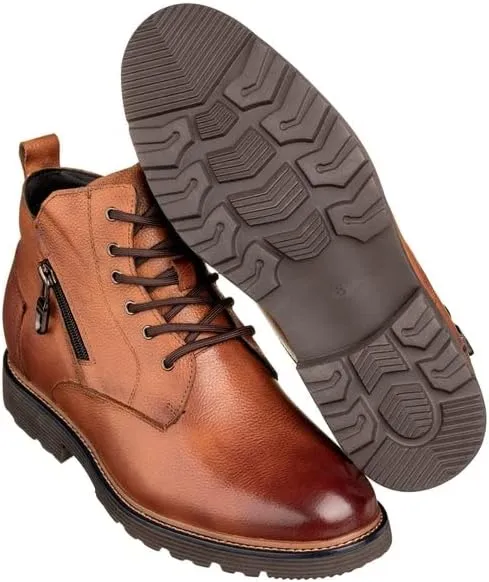CALTO Men's Invisible Height Increasing Elevator Shoes - Brown Premium Leather Lace-up Cap-Toe Dress Casual Boots - 2.8 Inches Taller - Y42072 - Size 10 D(M) US
