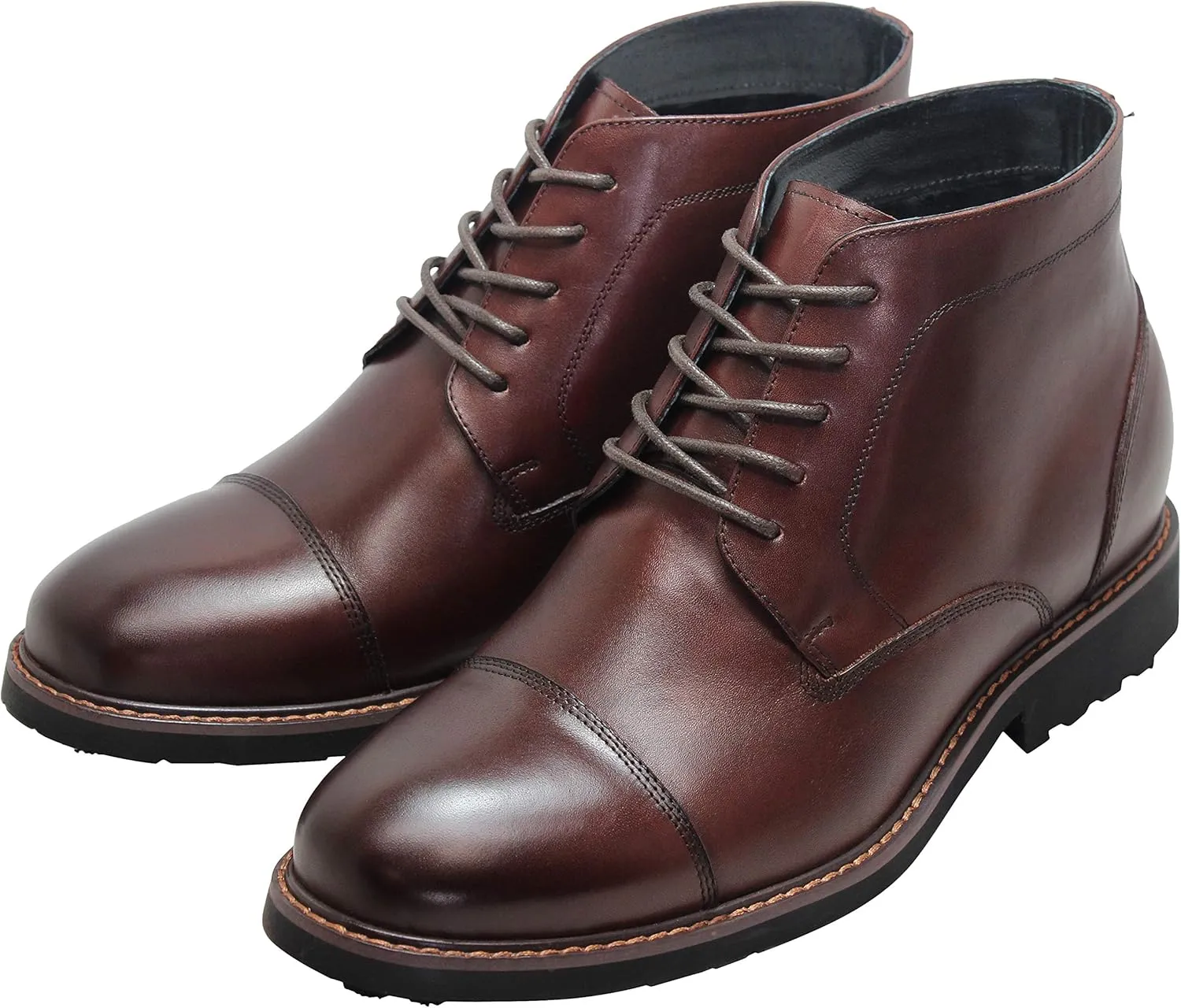 CALTO Men's Invisible Height Increasing Elevator Shoes - Dark Brown Leather Lace-up Cap-toe Boots with Inner Faux Fur - 3.2 Inches Taller - Y41081 - Size 9 D(M) US