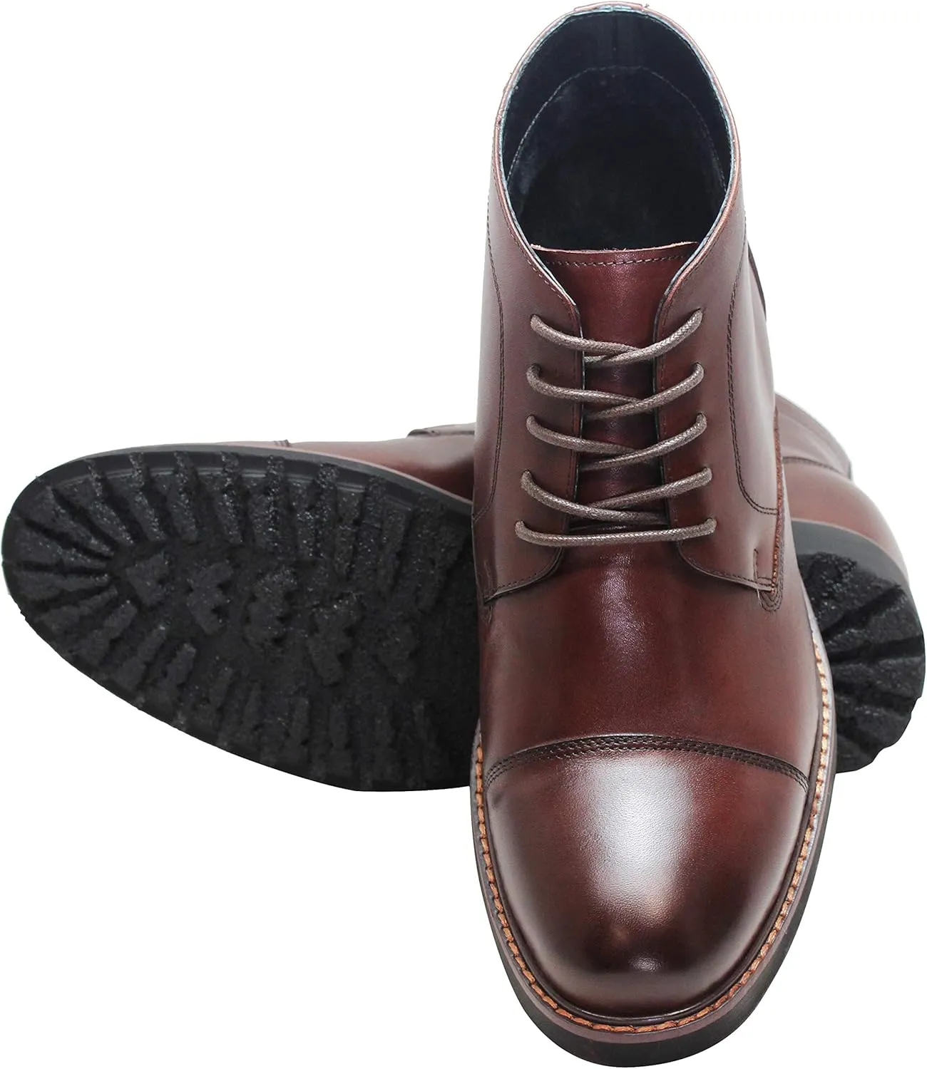 CALTO Men's Invisible Height Increasing Elevator Shoes - Dark Brown Leather Lace-up Cap-toe Boots with Inner Faux Fur - 3.2 Inches Taller - Y41081 - Size 9 D(M) US