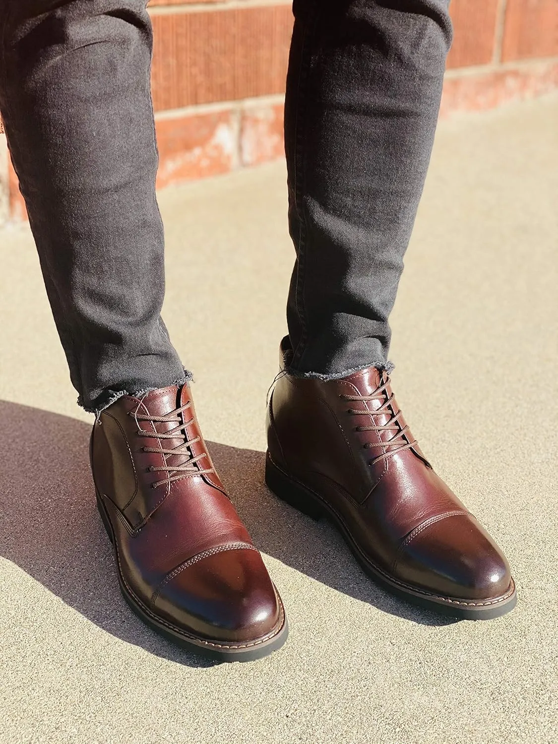 CALTO Men's Invisible Height Increasing Elevator Shoes - Dark Brown Leather Lace-up Cap-toe Boots with Inner Faux Fur - 3.2 Inches Taller - Y41081 - Size 9 D(M) US