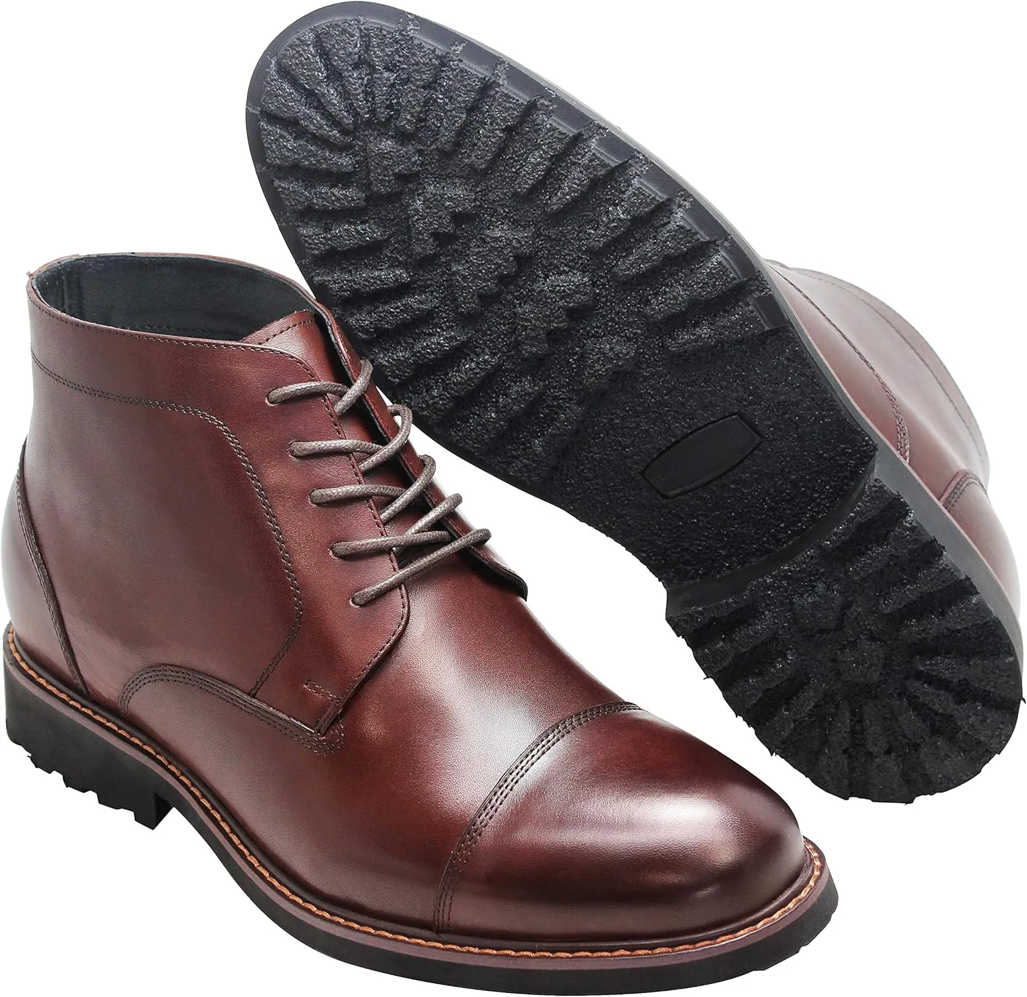 CALTO Men's Invisible Height Increasing Elevator Shoes - Dark Brown Leather Lace-up Cap-toe Boots with Inner Faux Fur - 3.2 Inches Taller - Y41081 - Size 9 D(M) US