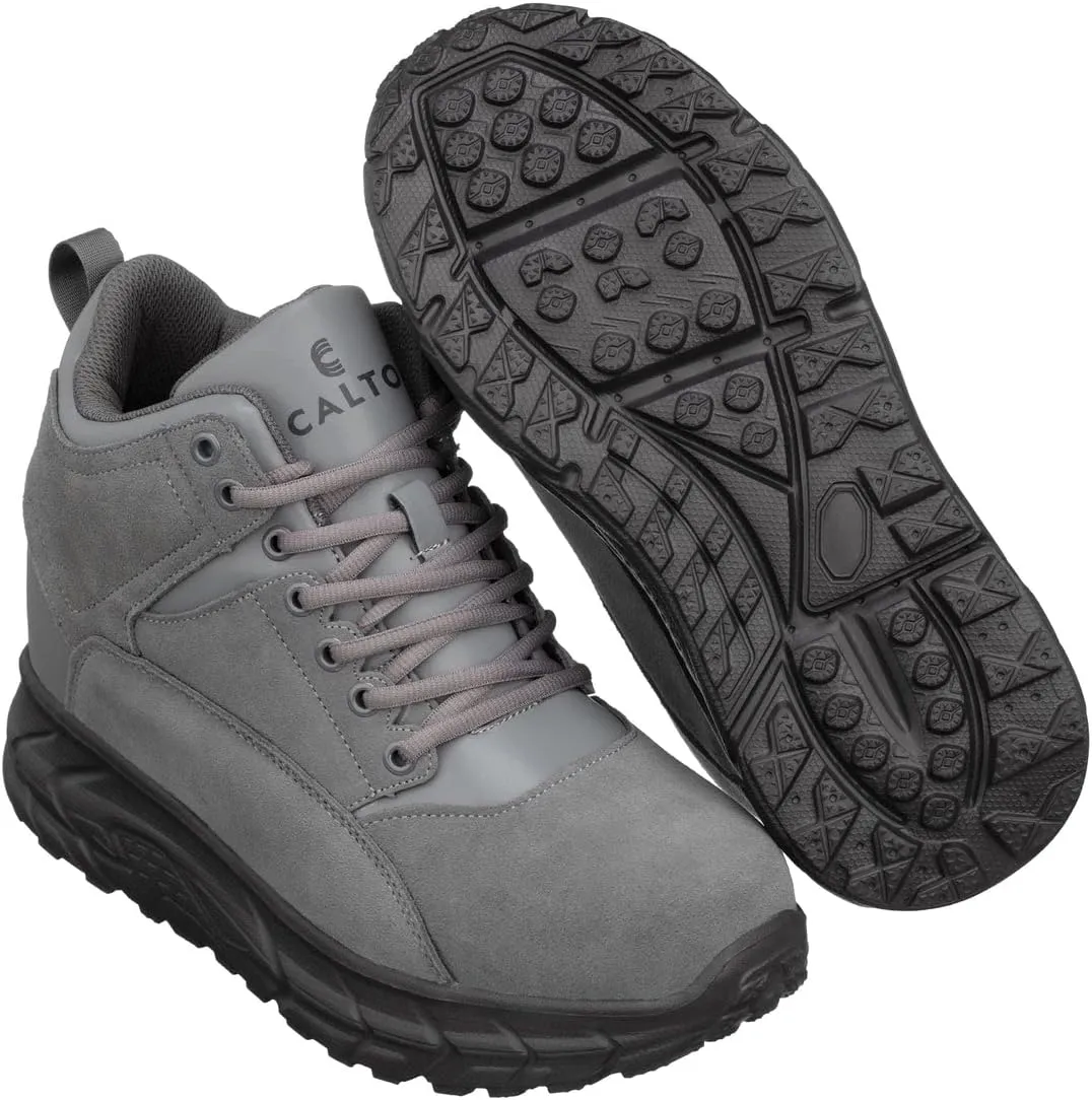 CALTO Men's Invisible Height Increasing Elevator Shoes - Grey Lace-up High-Top Hiking Style Sneaker Boots - 4 Inches Taller - S22800 - Size 9 D(M) US