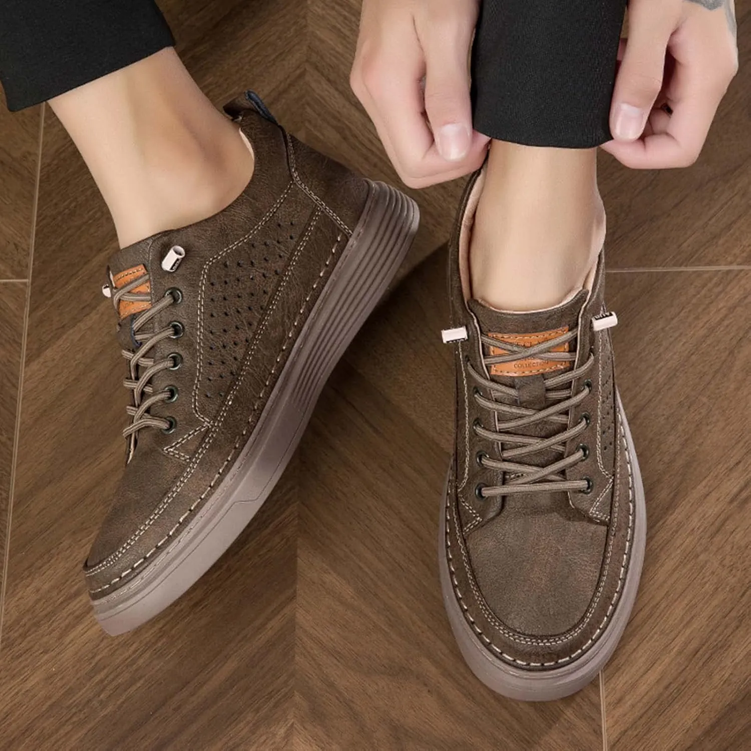 CERYTHRINA Men's Invisible Height Increasing Elevator Shoes 2.5 Inches Taller Height Casual Sneakers Comforts Leather Skeleton Shoes