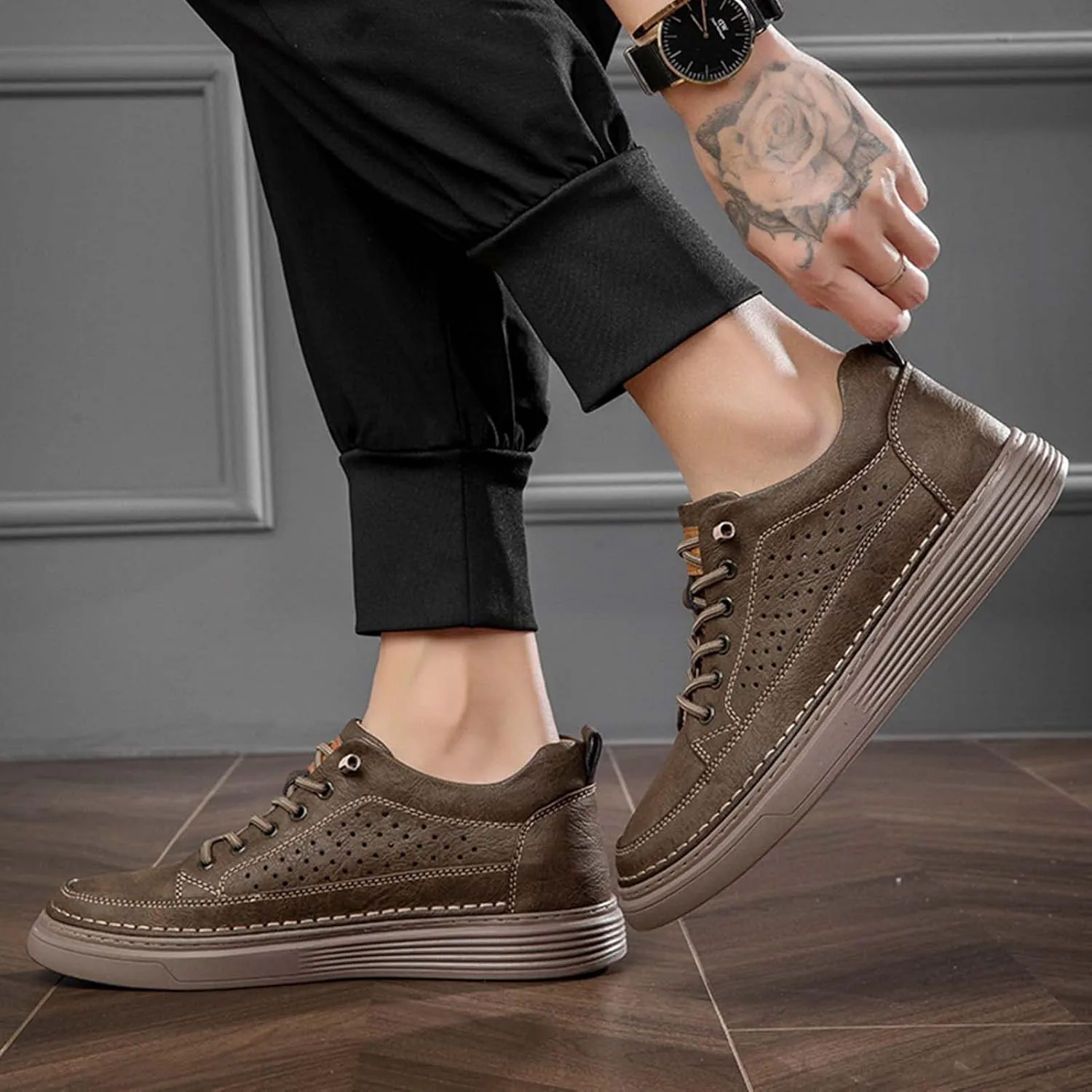 CERYTHRINA Men's Invisible Height Increasing Elevator Shoes 2.5 Inches Taller Height Casual Sneakers Comforts Leather Skeleton Shoes
