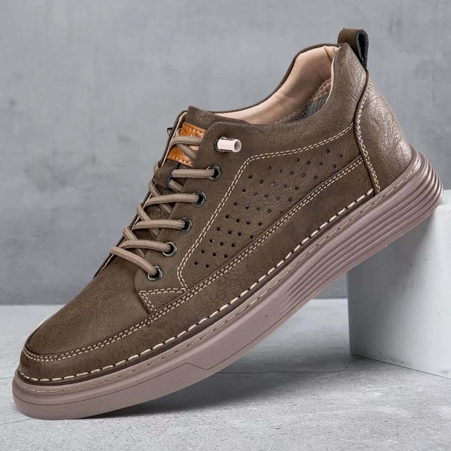 CERYTHRINA Men's Invisible Height Increasing Elevator Shoes 2.5 Inches Taller Height Casual Sneakers Comforts Leather Skeleton Shoes