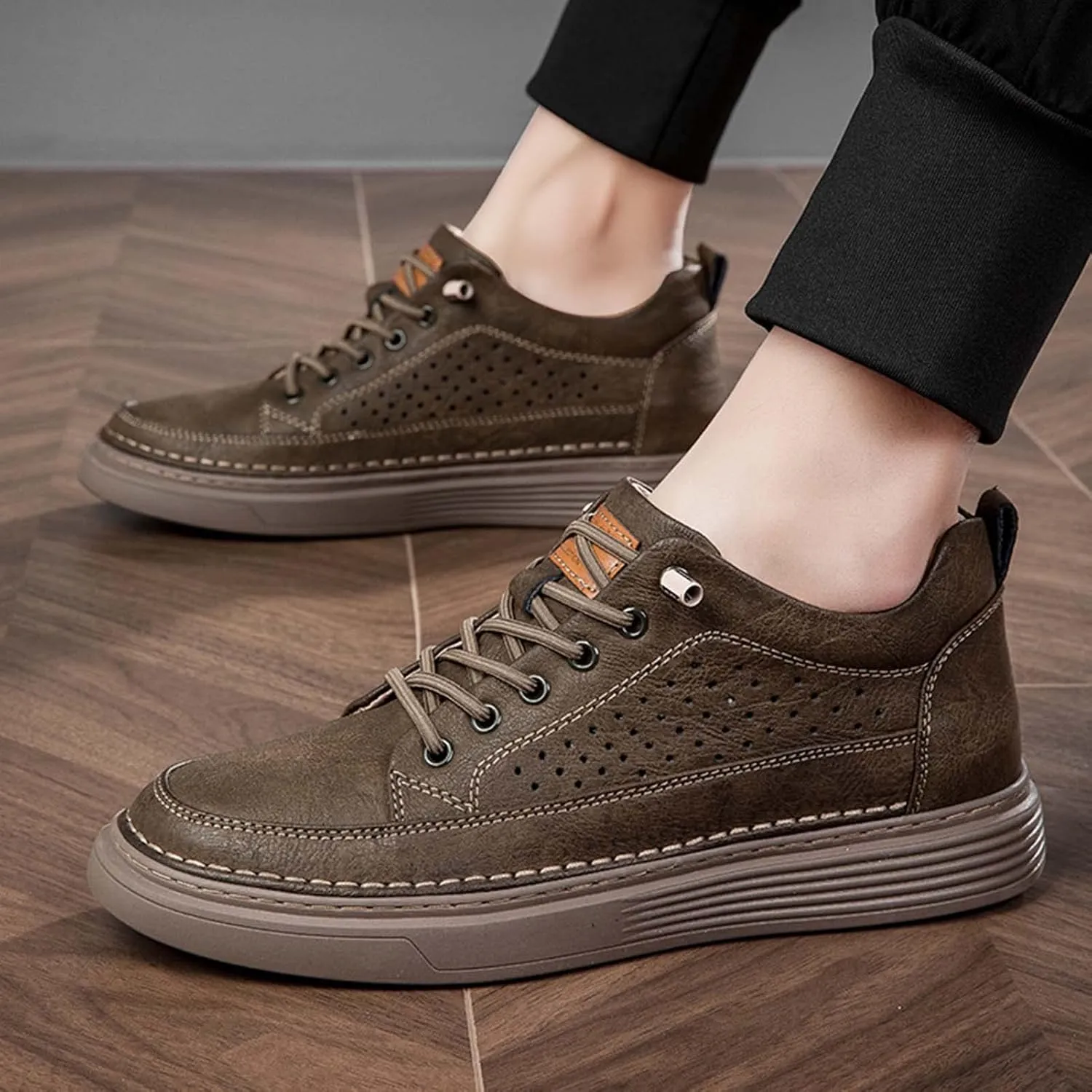 CERYTHRINA Men's Invisible Height Increasing Elevator Shoes 2.5 Inches Taller Height Casual Sneakers Comforts Leather Skeleton Shoes