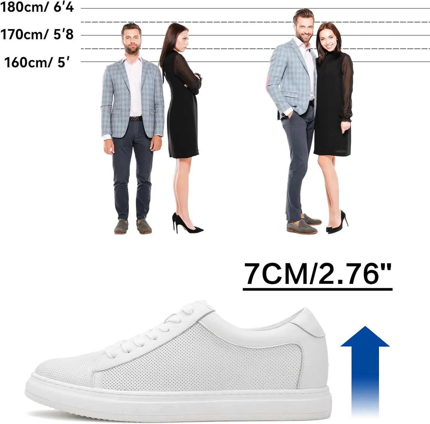 CHAMARIPA Men's Invisible Height Increasing Elevator Shoes Lace-Up Fashion Casual Comfortable Sneakers Genuine Leather Lifting Shoes That Make You 2.36/2.76 Inches Taller Handcrafted