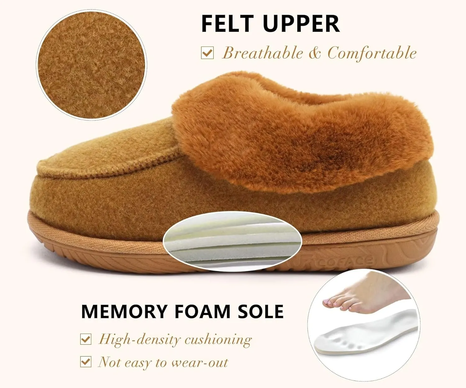 COFACE Women's Memory Foam House Slippers Arch Support Moccasin Winter Shoes Ladies Warm Fuzzy Faux Fur Collar With Indoor Outdoor Rubber Sole