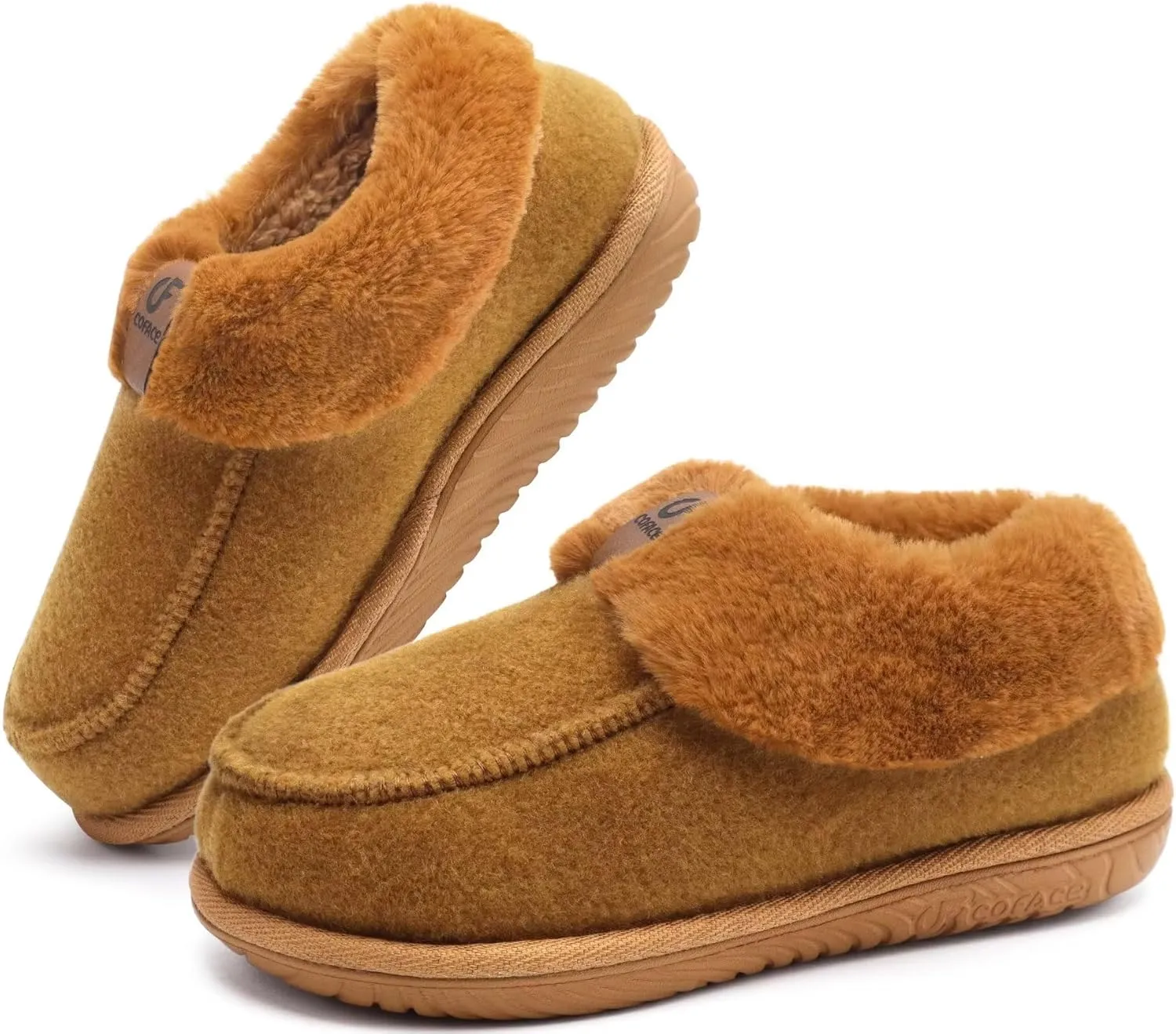 COFACE Women's Memory Foam House Slippers Arch Support Moccasin Winter Shoes Ladies Warm Fuzzy Faux Fur Collar With Indoor Outdoor Rubber Sole