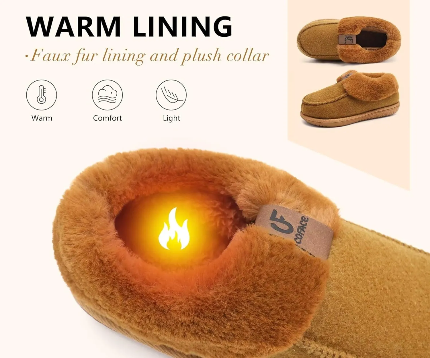 COFACE Women's Memory Foam House Slippers Arch Support Moccasin Winter Shoes Ladies Warm Fuzzy Faux Fur Collar With Indoor Outdoor Rubber Sole