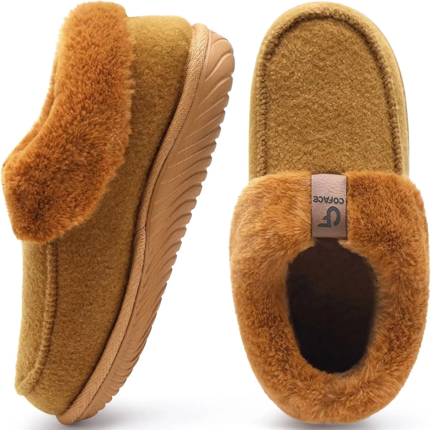 COFACE Women's Memory Foam House Slippers Arch Support Moccasin Winter Shoes Ladies Warm Fuzzy Faux Fur Collar With Indoor Outdoor Rubber Sole