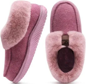 COFACE Women's Memory Foam House Slippers Arch Support Moccasin Winter Shoes Ladies Warm Fuzzy Faux Fur Collar With Indoor Outdoor Rubber Sole