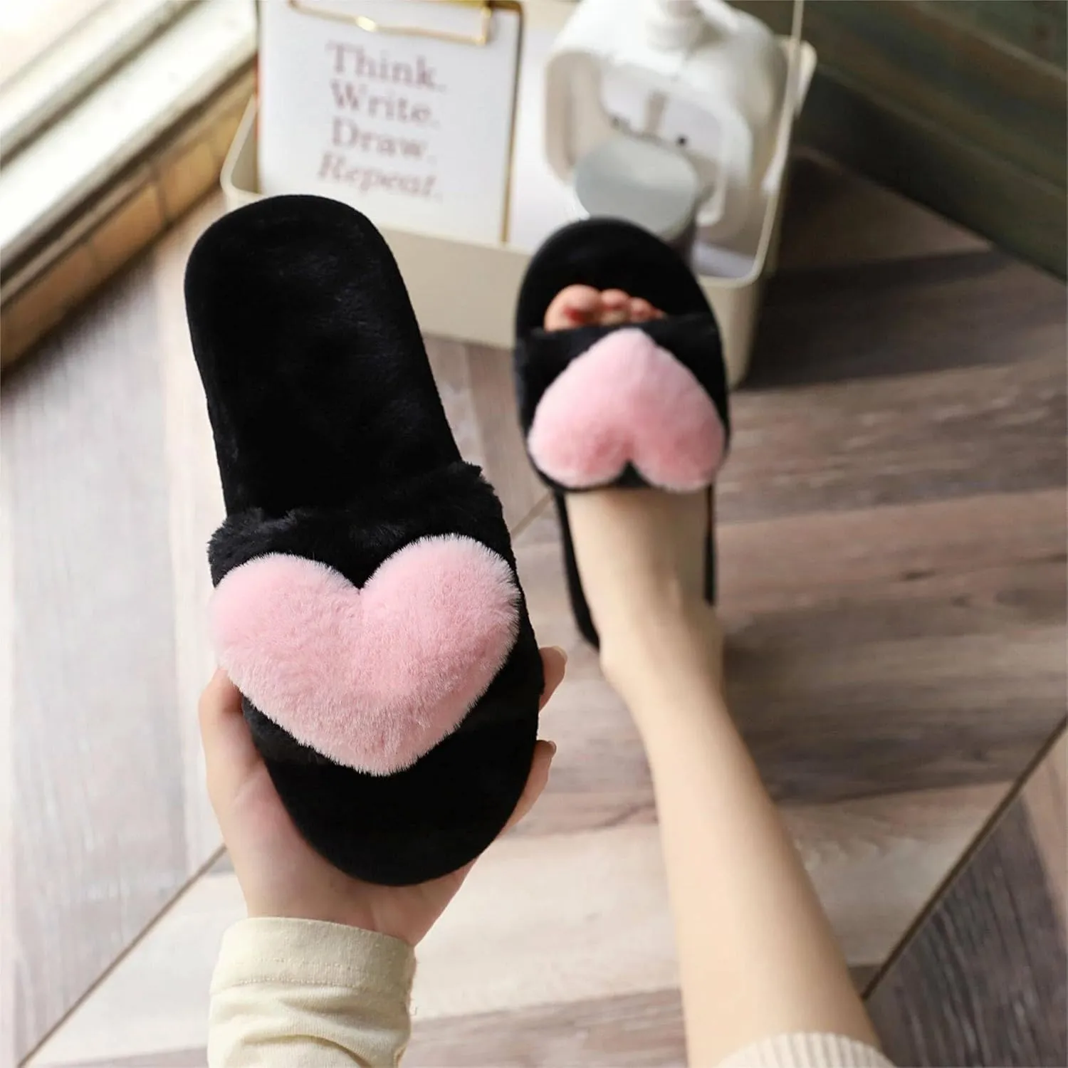 Crazy Lady Women's LOVE Slippers Fuzzy Fluffy Memory Foam House Shoes Open Toe Indoor and Outdoor