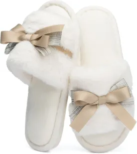 Cute Bow Slippers for Women with Memory Foam Open Toe Fuzzy House Slippers indoor outdoor Anti-Skid Soft Birthday Gifts for Women Mom