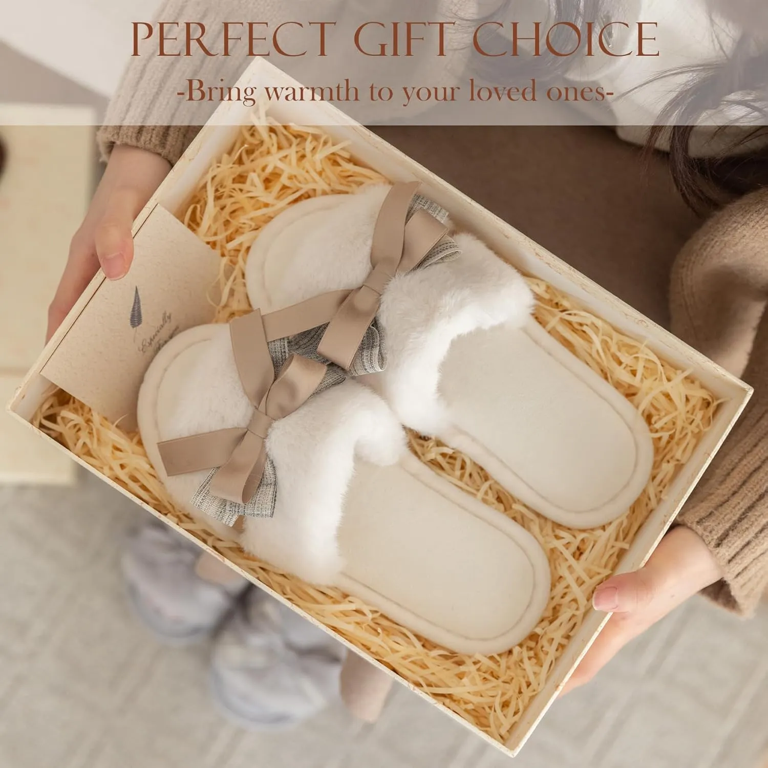 Cute Bow Slippers for Women with Memory Foam Open Toe Fuzzy House Slippers indoor outdoor Anti-Skid Soft Birthday Gifts for Women Mom