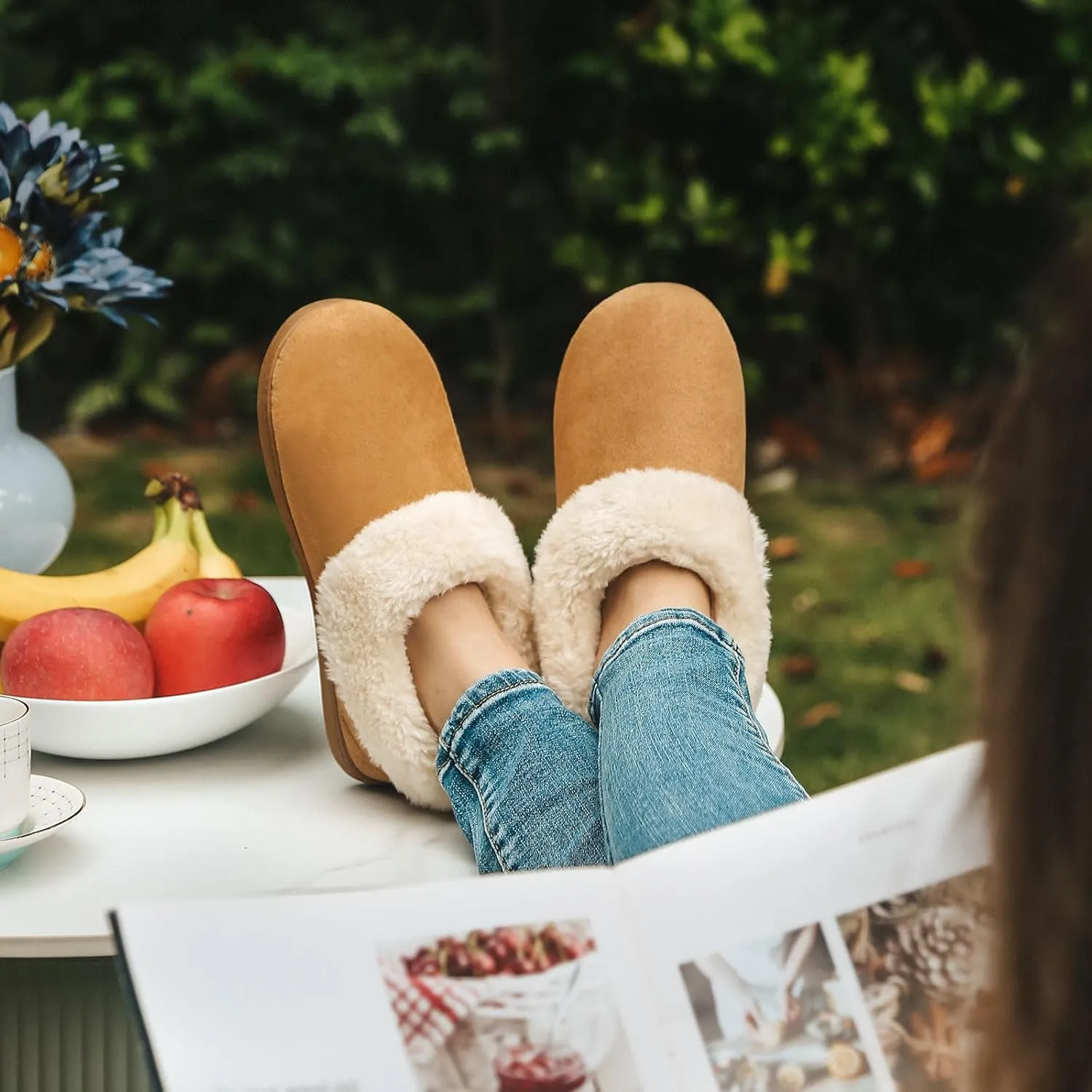 EverFoams Women's Faux Fur Bootie Slippers Ladies House Shoes with Bedroom Memory Foam and Indoor Outdoor Rubber Sole