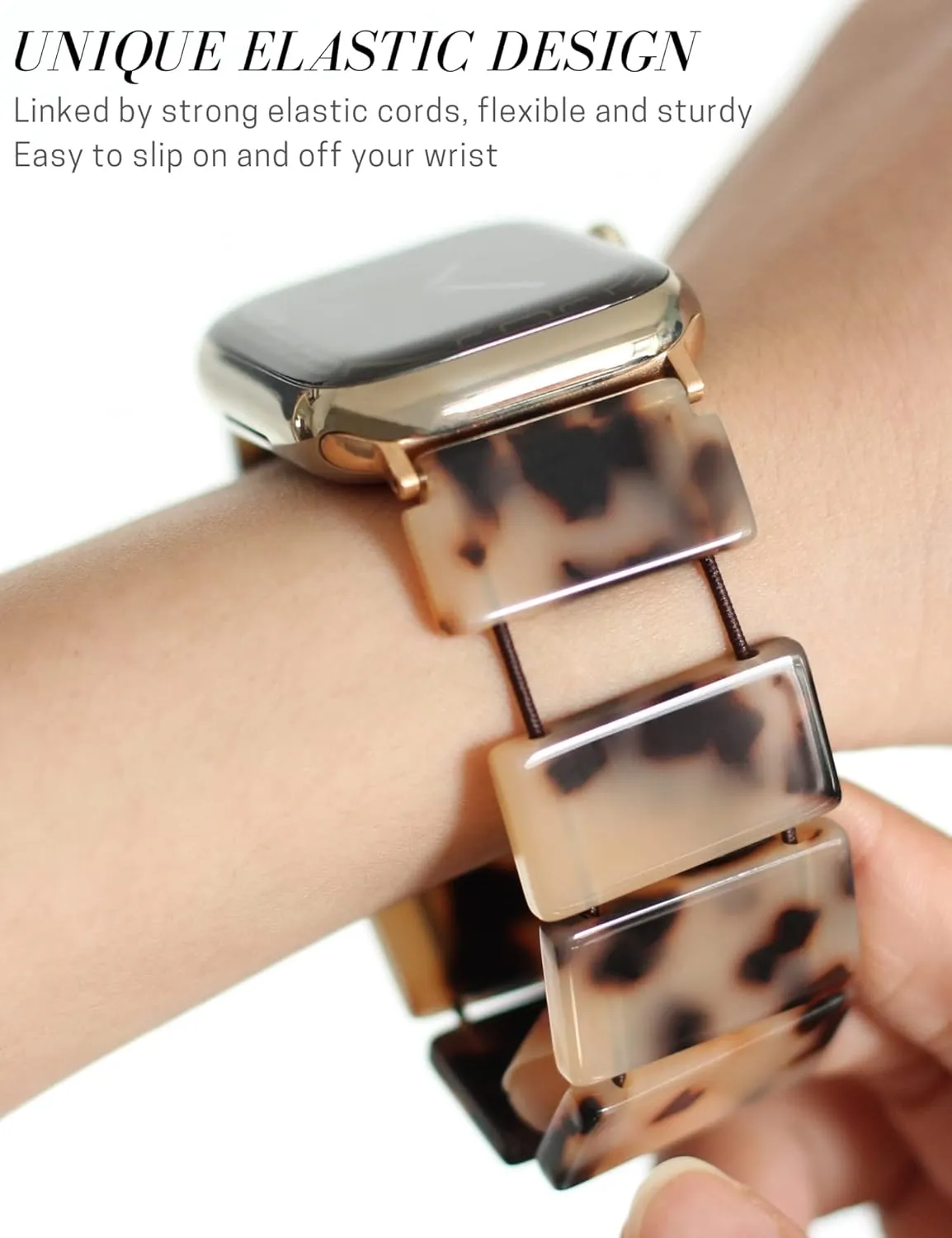 Heesch Upgraded Stretchy Resin Watch Band Compatible with Apple Watch for Women, Men, Tortoise Shell Fashion Watch Strap Bracelet Wristband for iwatch Series Ultra/10/9/8/7/SE/6/5/4/3/2/1, 38/40/41/42mm, 42/44/45/46/49mm, Rectangle Version