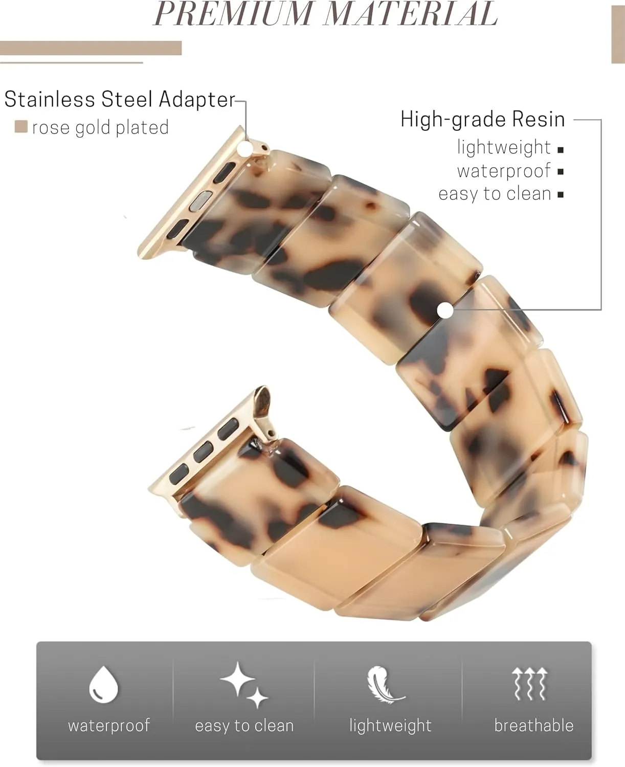 Heesch Upgraded Stretchy Resin Watch Band Compatible with Apple Watch for Women, Men, Tortoise Shell Fashion Watch Strap Bracelet Wristband for iwatch Series Ultra/10/9/8/7/SE/6/5/4/3/2/1, 38/40/41/42mm, 42/44/45/46/49mm, Rectangle Version