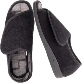 Men's Wide Furry 80-D Memory Foam Diabetic Slipper with Adjustable Closures, Wide Width Warm Plush Fleece Arthritis Edema Swollen Diabetic House Shoes Machine Washable w/Anti Slip Sole