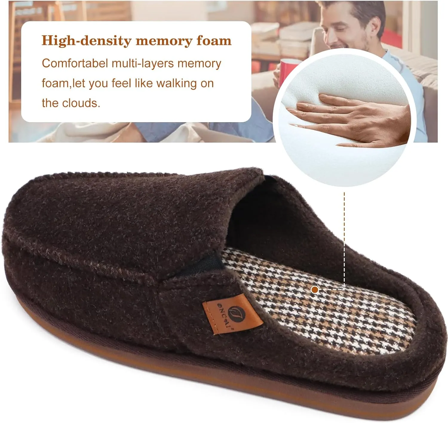 ONCAI Mens Clog Slippers with Arch Support Stripe Faux Fur Cotton-Blend High-Density Memory Foam Warm House Slippers Slip-on Indoor Outdoor Rubber Sole Size 7-16