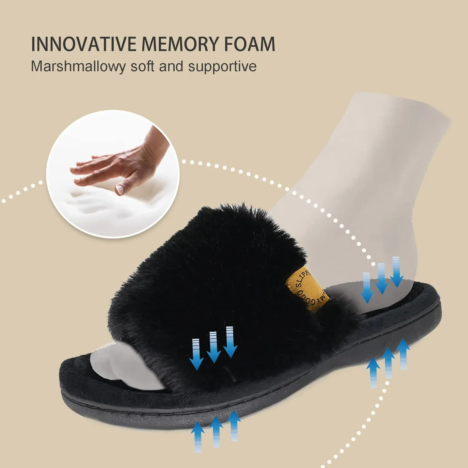 Onmygogo Indoor Slippers for Women Open Toe with Memory Foam, Soft Faux Fur Nonslip House Slippers