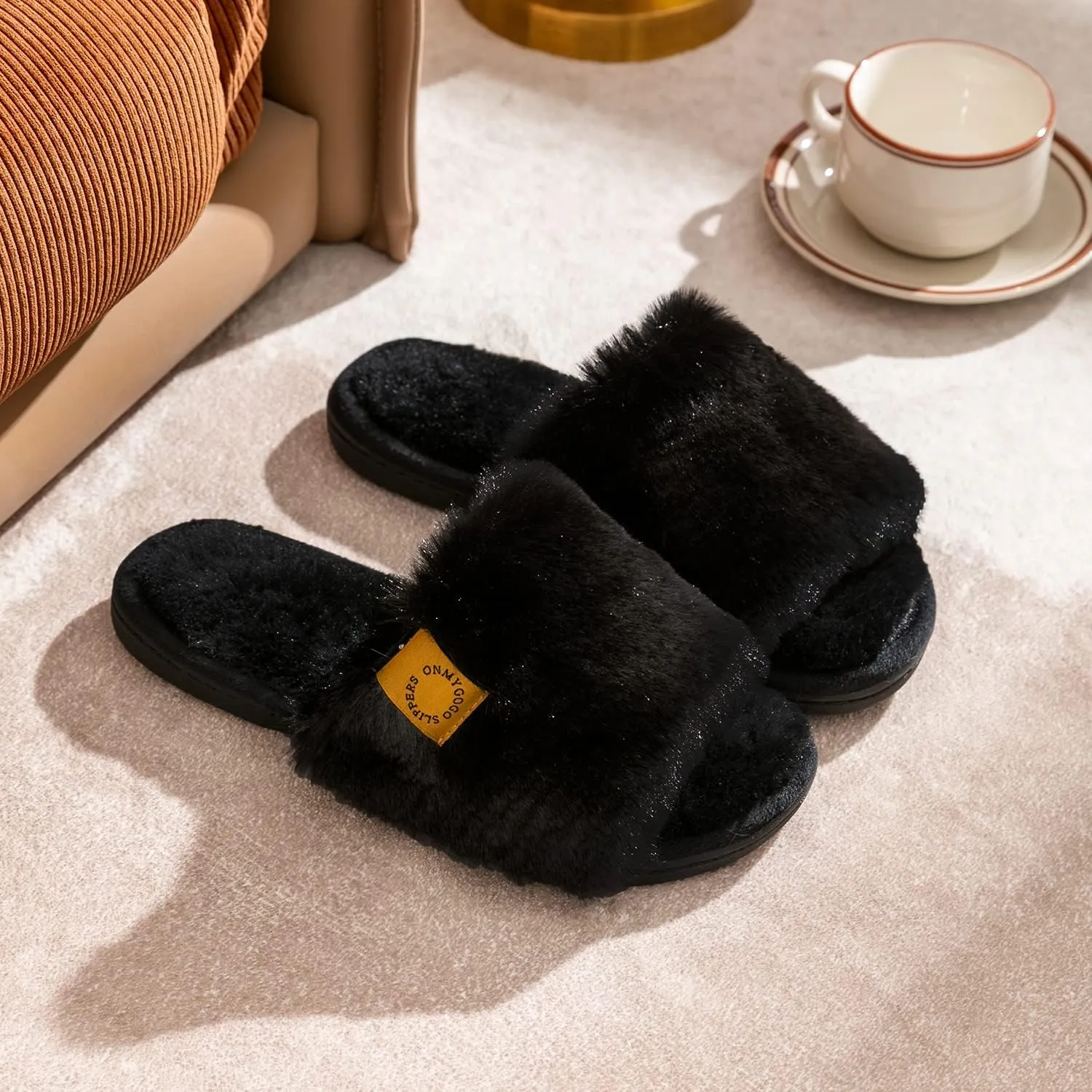 Onmygogo Indoor Slippers for Women Open Toe with Memory Foam, Soft Faux Fur Nonslip House Slippers