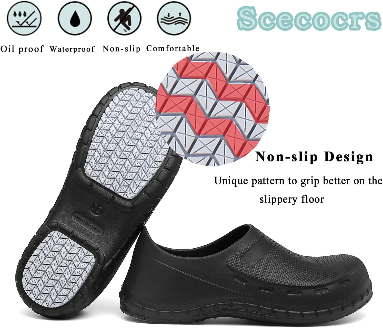 scecocrs Men Non Slip Work Shoes, Waterproof Chef Shoes, Food Service Shoes for Restaurant, Oil Resistant Kitchen Work Clogs