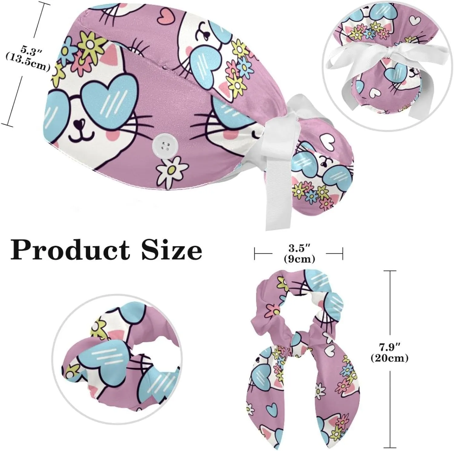 Scrub Cap with Scrunchies, Rainbow Working Hat Hair Cover, Elastic Bandage Tie Back Hats for Women