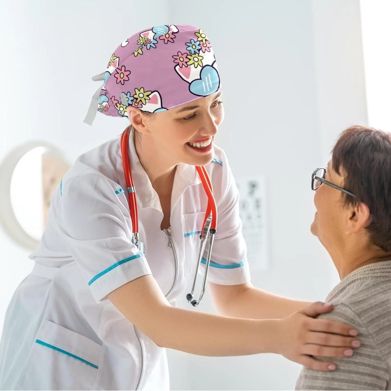 Scrub Cap with Scrunchies, Rainbow Working Hat Hair Cover, Elastic Bandage Tie Back Hats for Women
