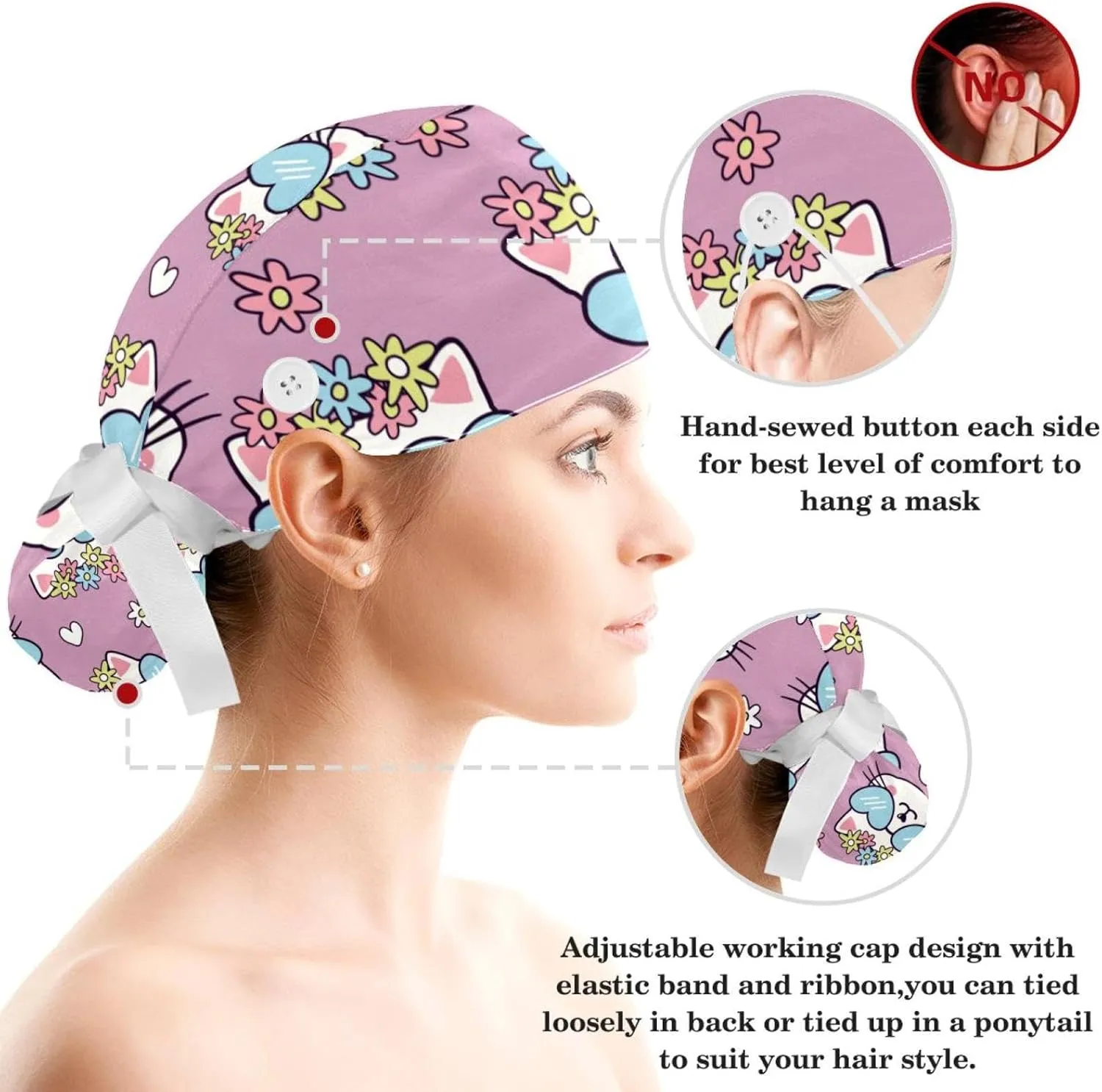 Scrub Cap with Scrunchies, Rainbow Working Hat Hair Cover, Elastic Bandage Tie Back Hats for Women