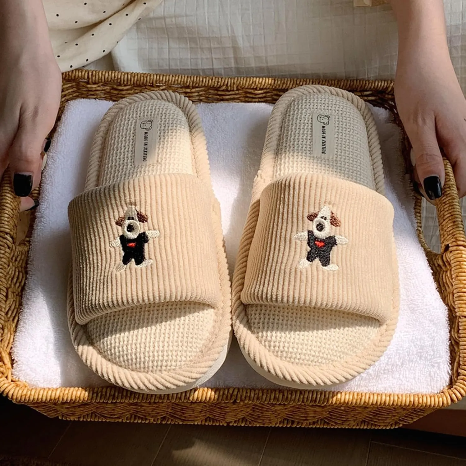 Spring Summer House Slippers for Women's and Men's, Corduroy Fabric Casual Mute Cotton Flax slide, Non-Slip Open Toe Home Shoes, Indoor and Outdoor