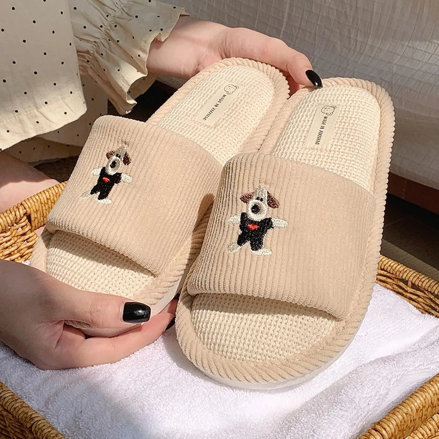 Spring Summer House Slippers for Women's and Men's, Corduroy Fabric Casual Mute Cotton Flax slide, Non-Slip Open Toe Home Shoes, Indoor and Outdoor