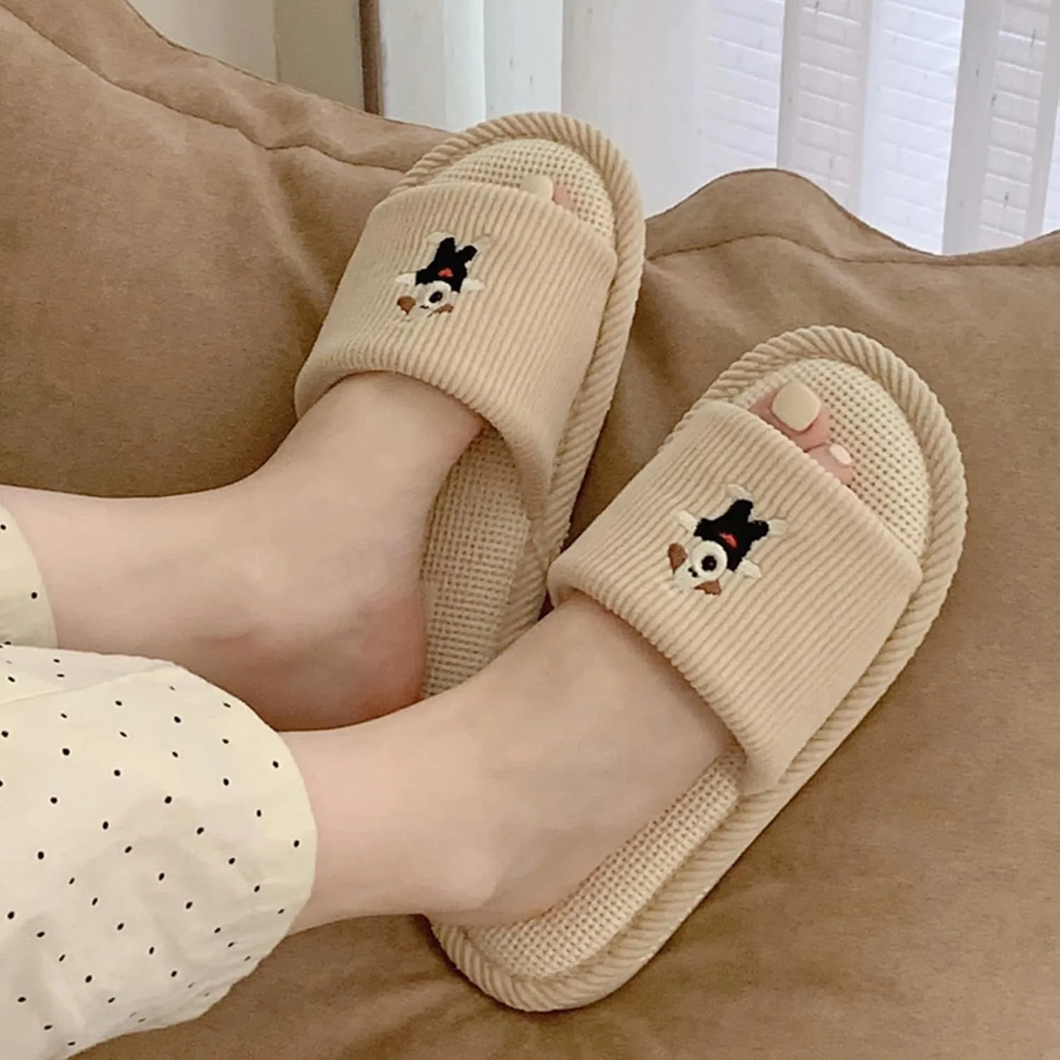 Spring Summer House Slippers for Women's and Men's, Corduroy Fabric Casual Mute Cotton Flax slide, Non-Slip Open Toe Home Shoes, Indoor and Outdoor