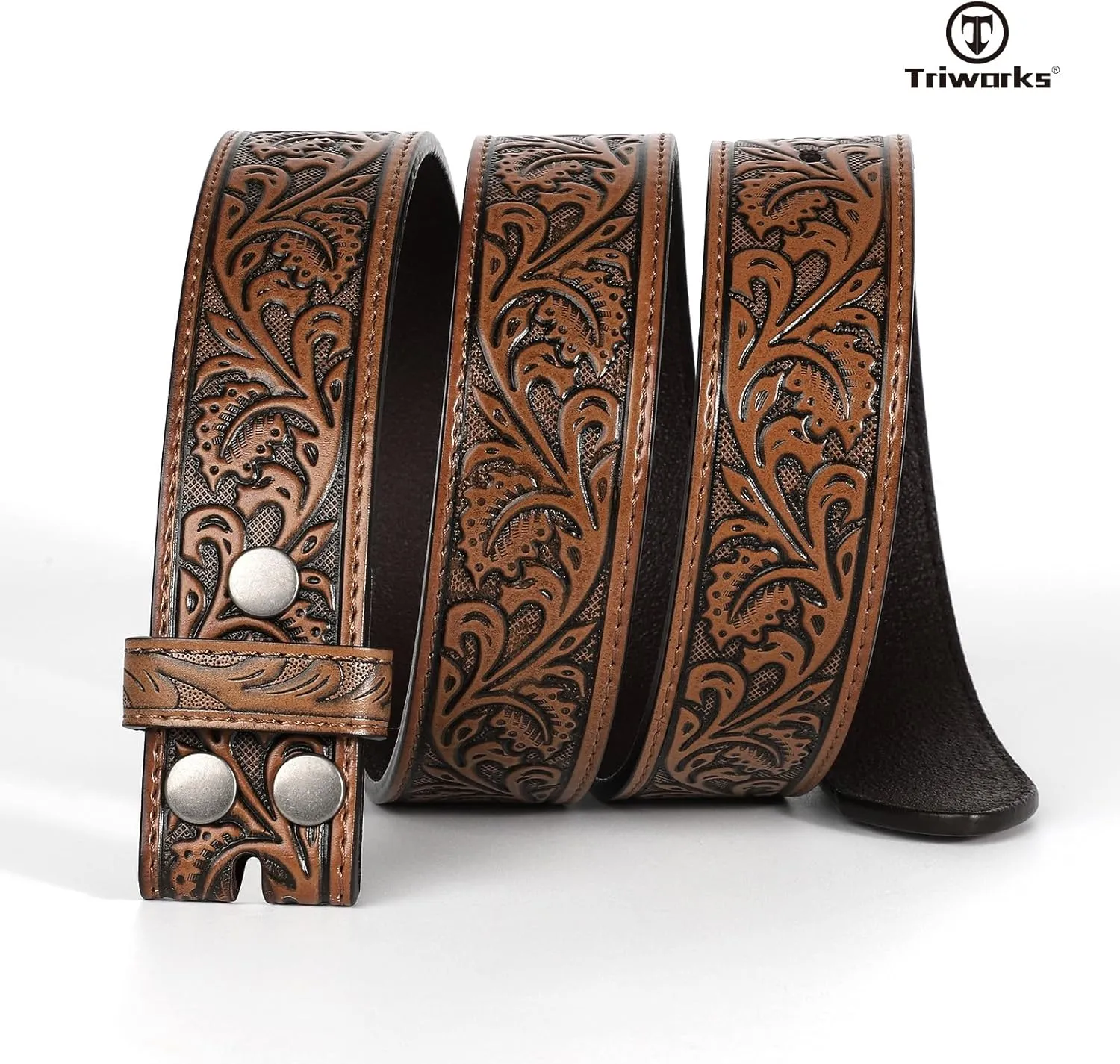 Western Belt Strap for Men without Buckle 1.5" Wide Floral Engraved Embossed Leather Belt Strap