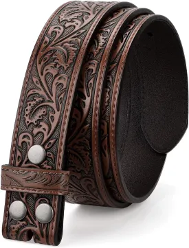 Western Belt Strap for Men without Buckle 1.5" Wide Floral Engraved Embossed Leather Belt Strap