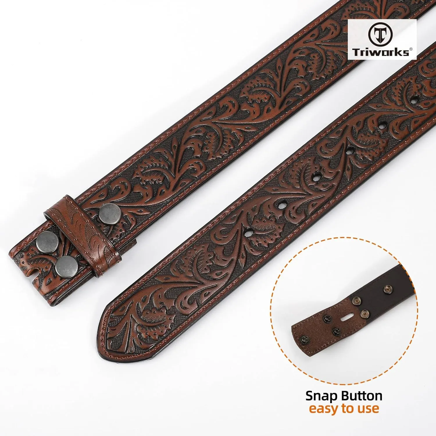 Western Belt Strap for Men without Buckle 1.5" Wide Floral Engraved Embossed Leather Belt Strap