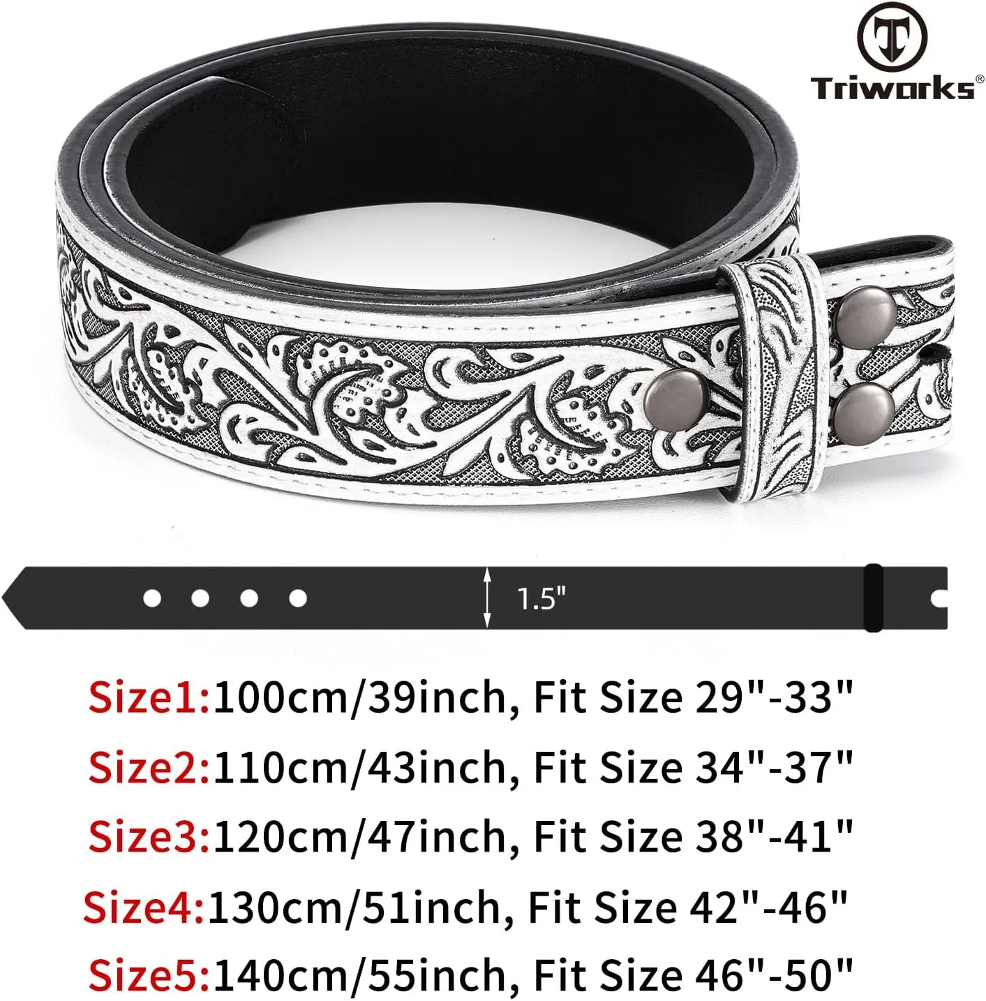 Western Belt Strap for Men without Buckle 1.5" Wide Floral Engraved Embossed Leather Belt Strap